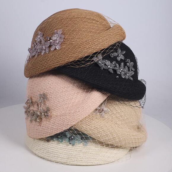 2553 Women\'s Elegant Khaki Straw Beret Hat With Veil- Fascinator main image 5